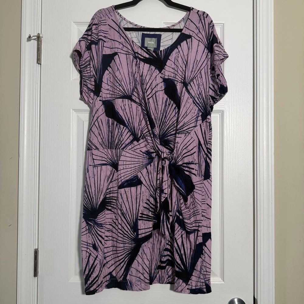 Maeve Purple and Black Leaf Print Dress With Front Tie Detail